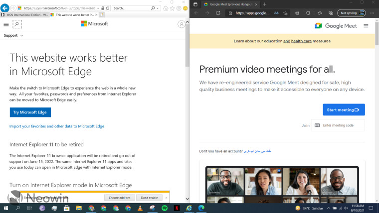 A side by side comparison of Google Meet open on IE11 and Edge