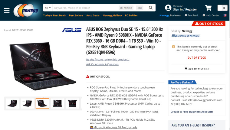 ASUS ROG Zephyrus Duo SE 15 with 5980HX Newegg listing