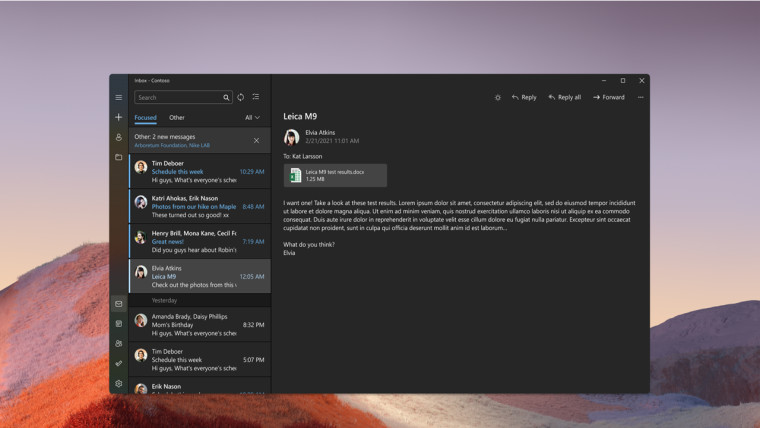 Windows 11 updated Mail app with rounded corners showing a list of emails