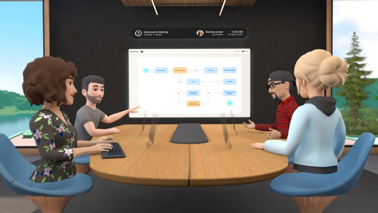 Four avatars meet in a VR setup through Facebook Horizon Workrooms