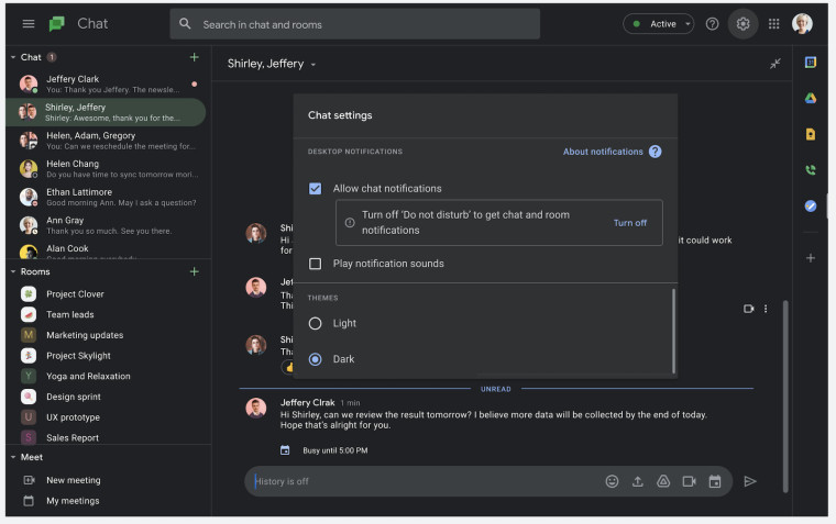 Google Chat with its dark theme on the web