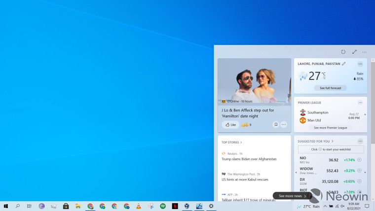 A screenshot of News and Interests Widgets on Windows 10