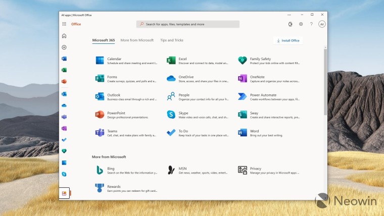 Microsoft Officecom website displaying all the Office suite of web apps available