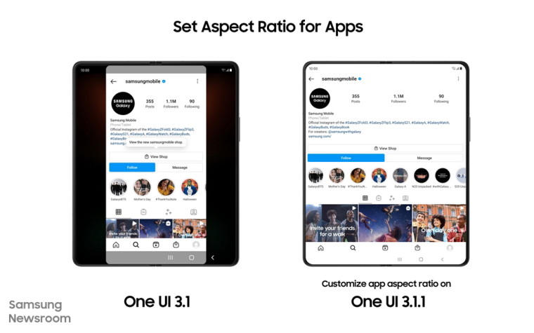 Screenshots showing aspect ratio changes in the new One UI update