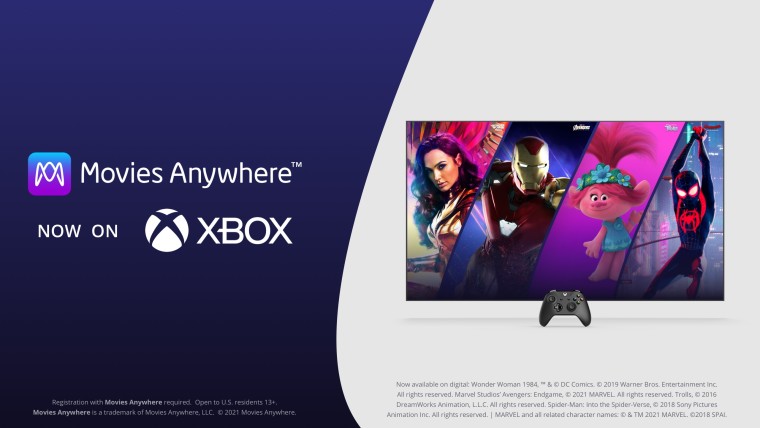 A TV with a console in front of it and Movies Anywhere now on Xbox written next to it