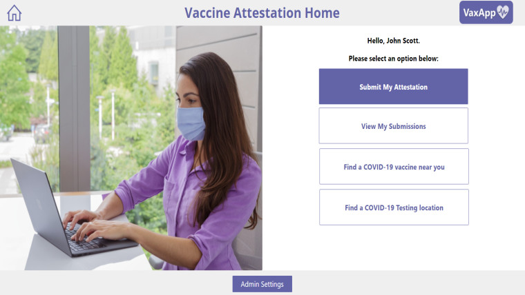 A screenshot of the homepage of the Microsoft VaxApp for Teams