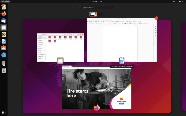 The activities overview in Ubuntu 2110