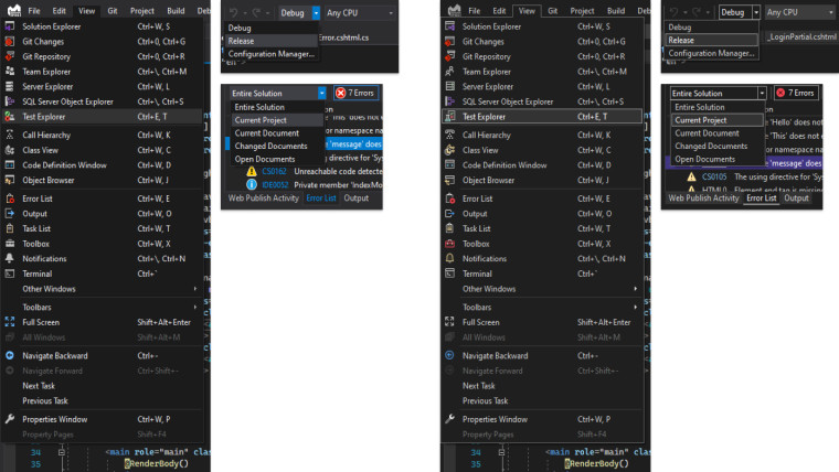 A graphic showing contrast changes in Visual Studio 2019 on the left versus Visual Studio 2022 on th