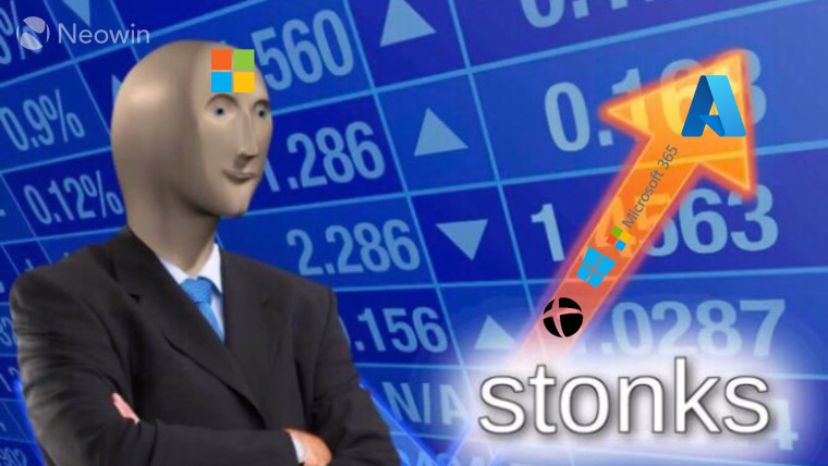 Stonks meme showing Microsoft revenues of Cloud Xbox Windows and Microsoft 365 going up