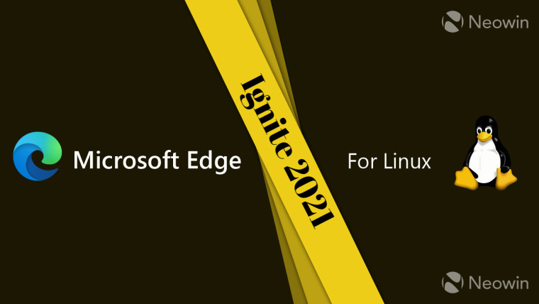 Dark background with Microsoft Edge logo on the left Linux logo on the right Ignite 2021 in the midd