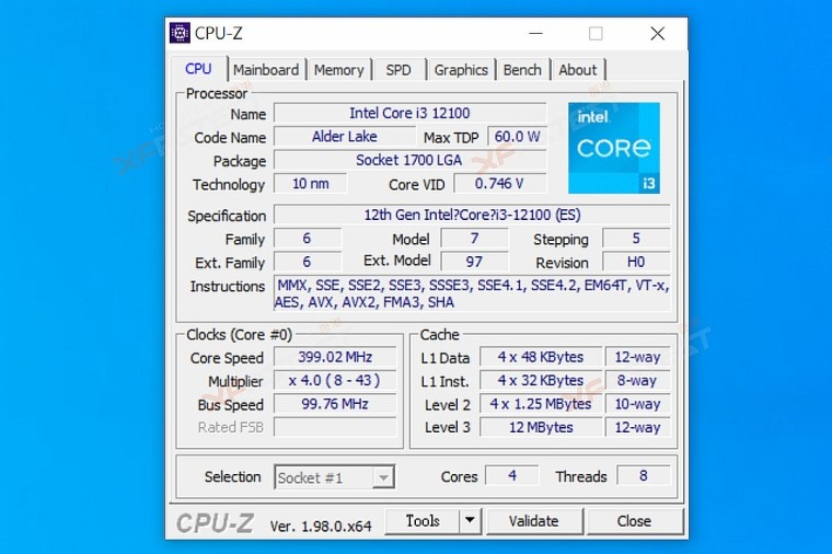 CPU-Z of Core i3-12100
