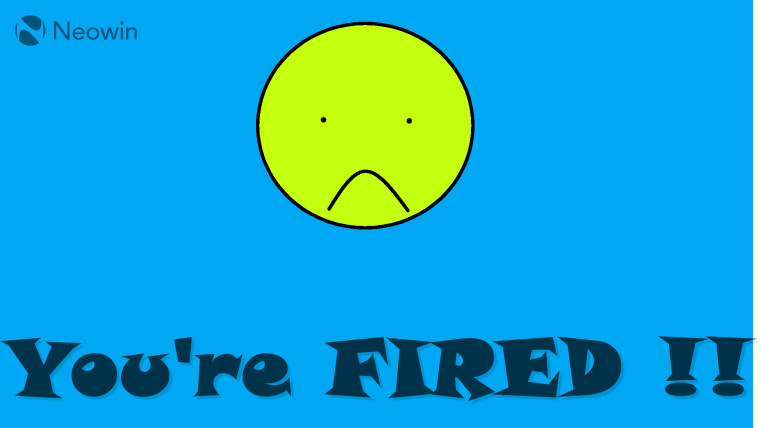 Sad face emoji on blue background with you are fired text