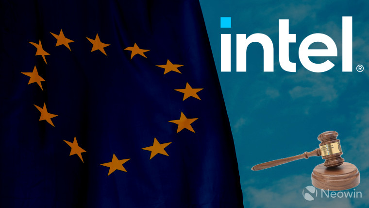 A European Commission flag with an Intel logo and a gavel next to it