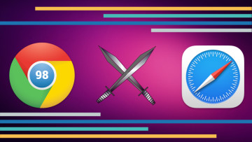 Google Chrome 98 and Apple Safari logo with crossed swords in the middle purple background
