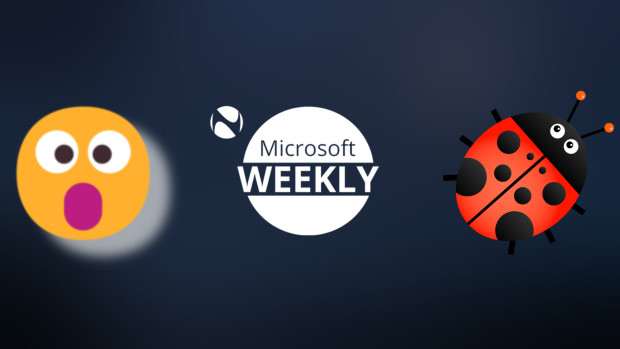 From left to right a surprised 3D emoji a Microsoft Weekly logo and a ladybug icon