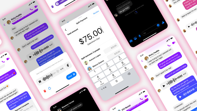 A graphic for Split Payments audio capabilities and Vanish Mode in Messenger