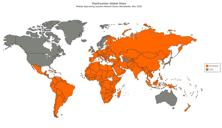Most popular mobile OS by country