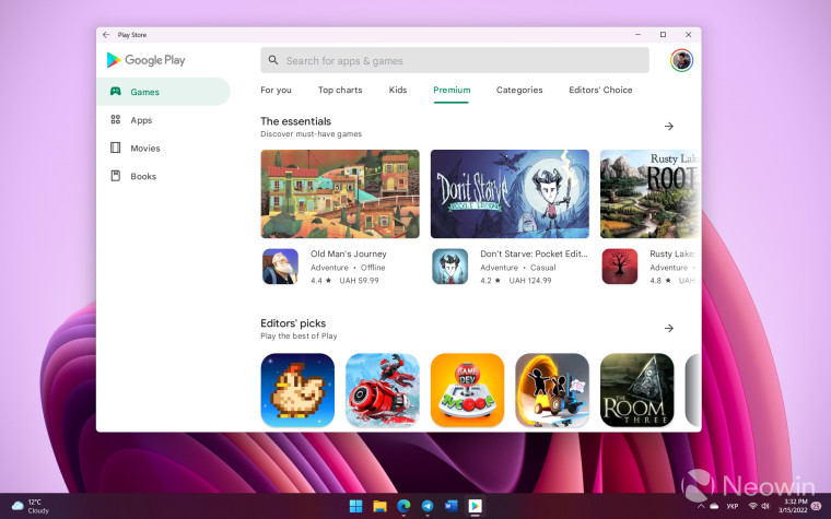 The Google Play Store running on a PC with Windows 11