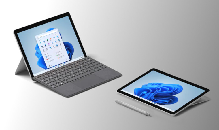 Two Surface Go 3 tablets with and without the Type Cover keyboard