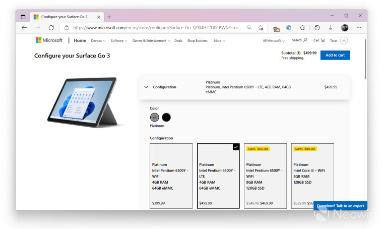 The Surface Go 3 Store page showing various available configurations