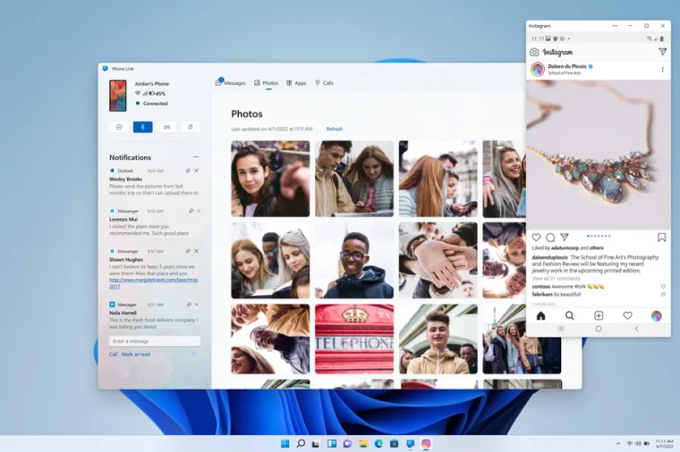 The redesigned Phone Link app with Instagram running alongside