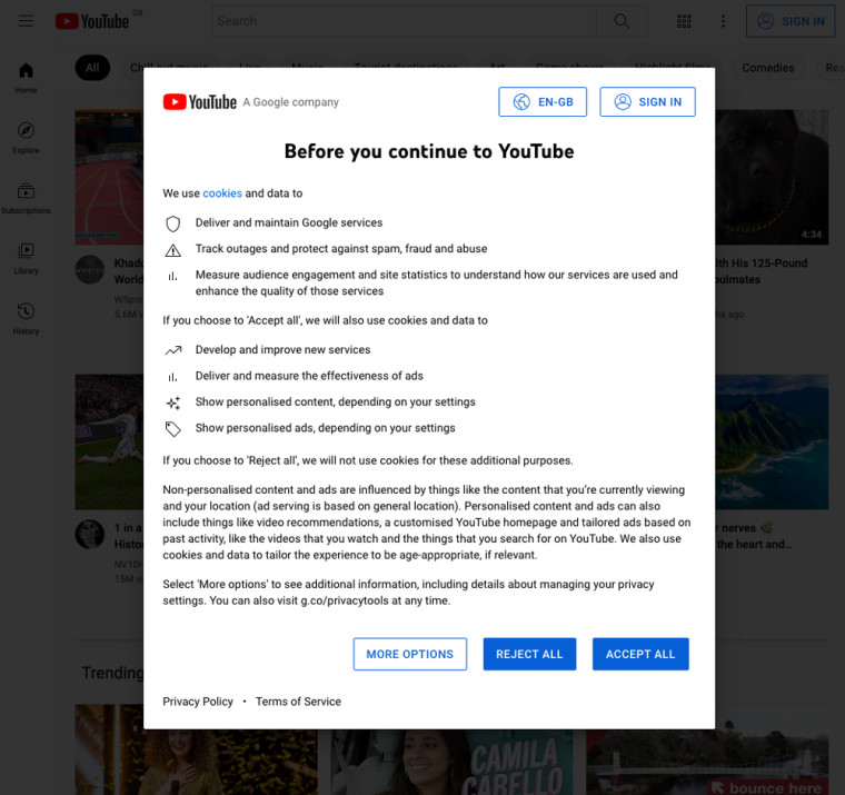 A new cookie consent banner on YouTube by Google