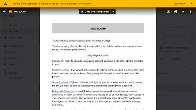 Google Drive suspicious file warning banner reaches file level in Docs Sheets and Slides