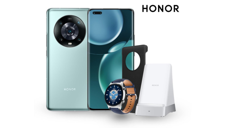 The HONOR Magic4 Pro with a smartwatch case and a charging stand