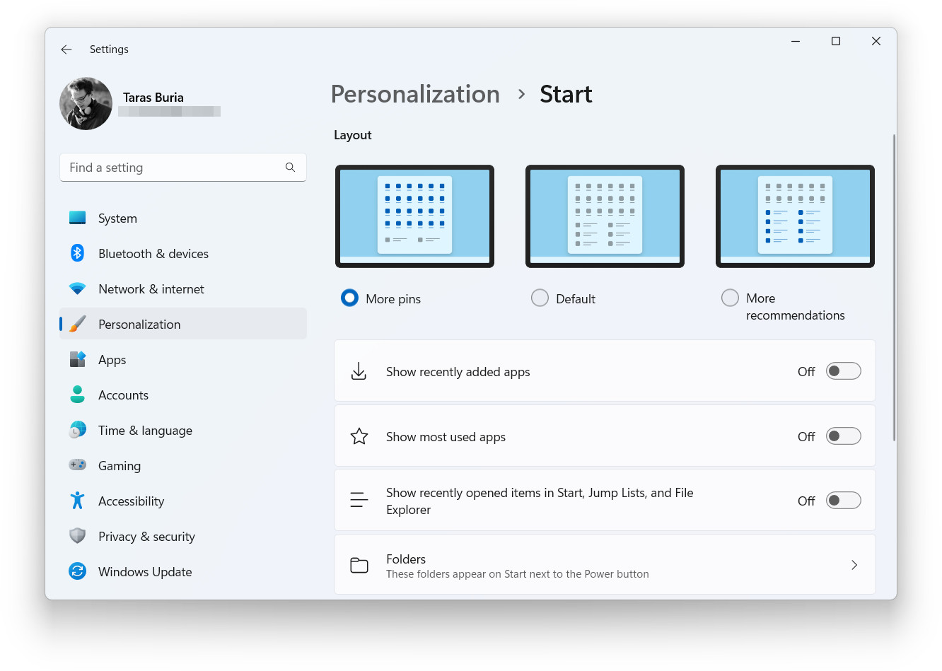 The Windows Settings app showing three Start menu layouts