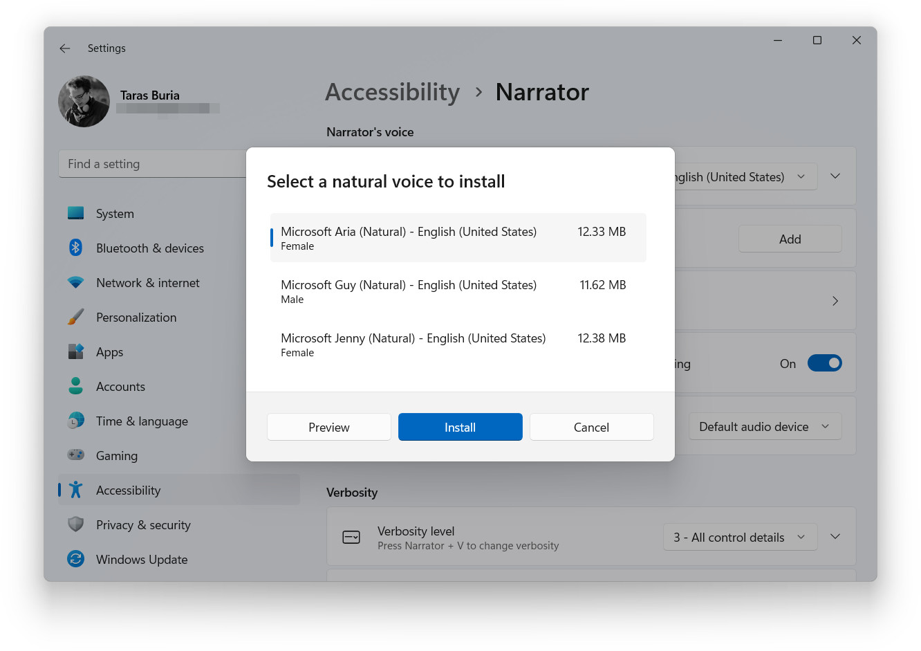 Windows Settings with the Narrator section opened