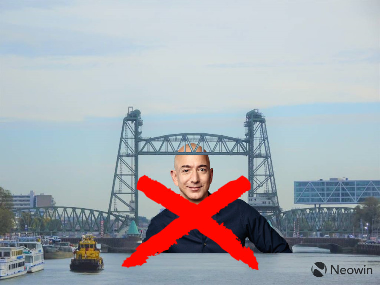 Sneaky Jeff Bezos trying to cross under the Rotterdam bridge but there is a red cross on him