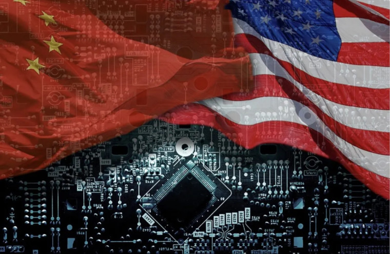 An artistic depiction of a chip with the US and Chinese flags in the background
