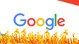 Google logo on a light multicolored background with rising flames at the bottom