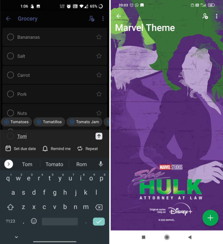 Screenshots showing the She Hulk theme for Microsoft To Do and smart suggestions